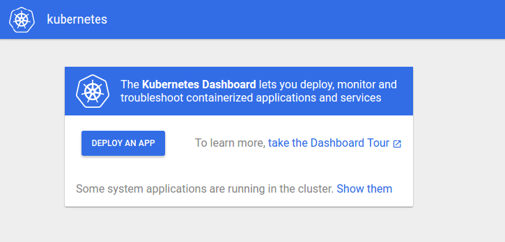 Kubernetes Dashboard welcome page